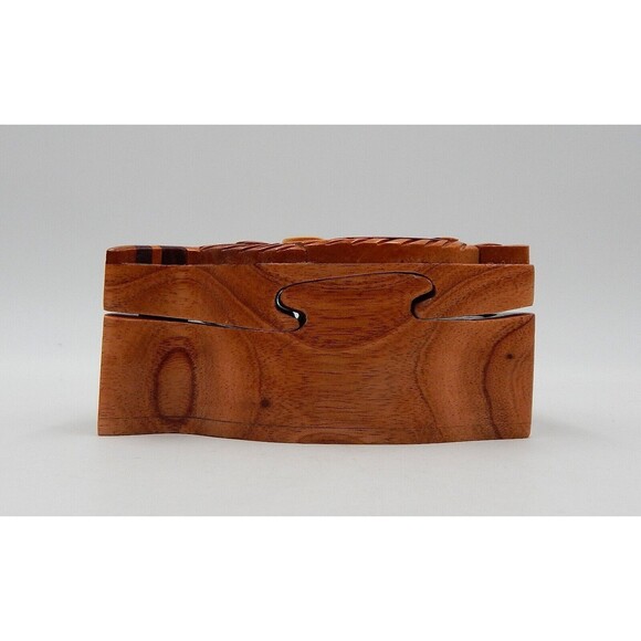Tiger Carved Wood Puzzle Round Box Wooden Intarsia Keepsake Trinket Hidden - Picture 6 of 8
